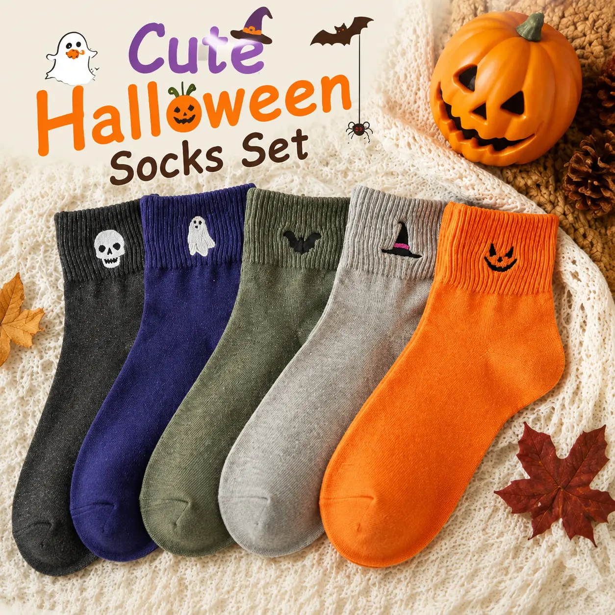 Cute Women's Halloween Socks Set of 5, Cozy Novelty Mid-Calf Knit Socks with Funny Pumpkin & Ghost Cartoon, Soft Stretchy Warm Fall Winter Socks, Ideal for Daily Wear, Halloween Party, Work, School & Holiday Gifts