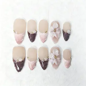 Fall Wine Red 3D Flower Press Ons | Ombre Almond Nails