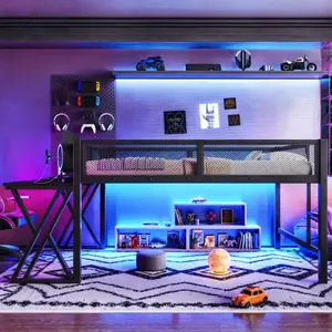Bellemave Black Metal Gaming Loft Bed - X-Shaped Leg Desk, LED Lights, USB Ports, Staircase, Mesh Guardrail - Space-Saving Elevated Bed for Dorms, Bedrooms