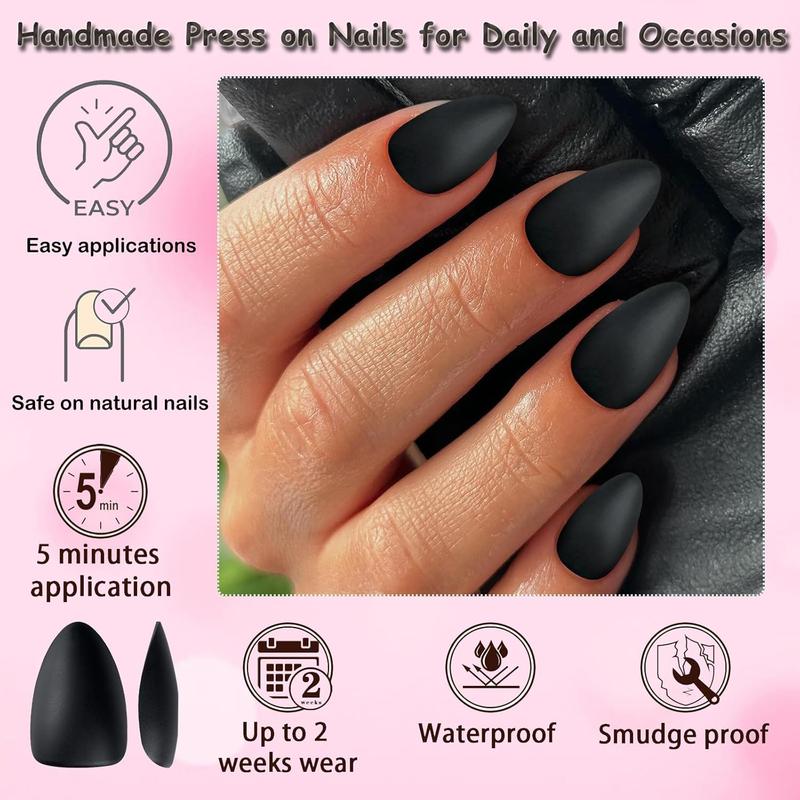 Luckforever 360Pc Almond Press-On Short Fake Nails with Glue Tabs, Short False Nails Black Acrylic XS Stiletto Artificial Nails LuckForever