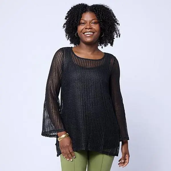 Nina Leonard Scoop Neck Open Mesh Foiled Lace Tunic