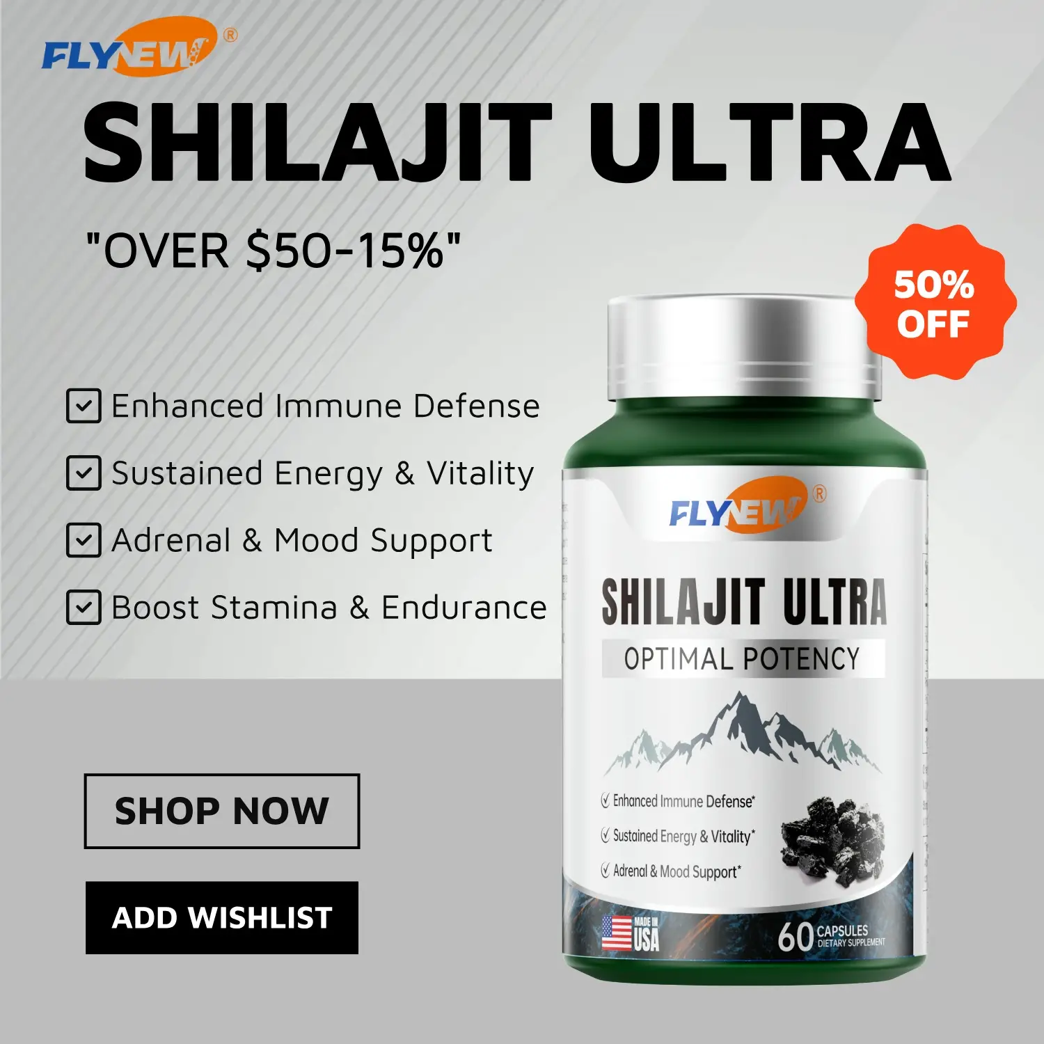 Flynew Optimal Potency Shilaj*t Ultra 60 Capsules Made in USA with Essential Minerals for Healthy Aging & Immune System Support - Fulgent Life - Fitne