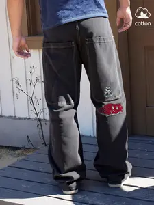 2k Harajuku Style Loose Denim Jeans, Large Pockets Casual Jeans, Unisex Vintage Embroidered Head Couple, Wide Leg Relaxed Fit