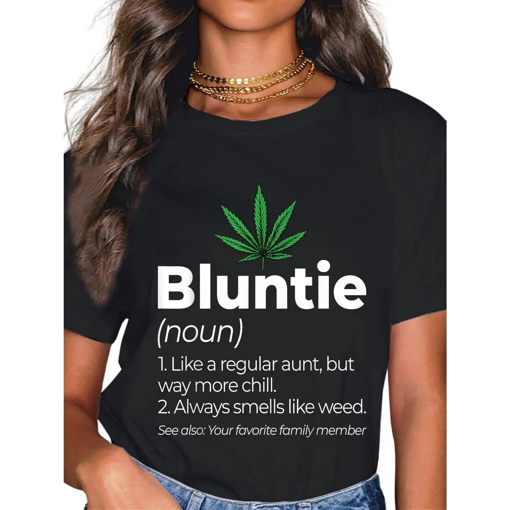 Women's Casual Short-Sleeve Streetwear T-Shirt, Funny Bluntie Stoner Aunt Lady Graphic Tee with Marijuana Weed Pot Smoker Design, Shortsleeve, Round Neck# soft cotton short sleeve