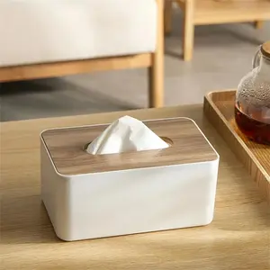 Tissue Box with Wood Grain Lid, Tissue Storage Box, Desktop Tissue Holder, Home Organizer for Living Room Bedroom Bathroom, Bathroom Decor Supplies