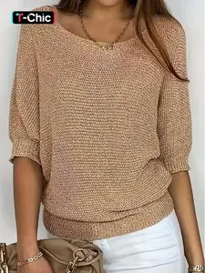 Women's Knitted Round Neck Solid Color Pullover Short Sleeve Ribbed Loose Sweater Knit Top Casual Comfort Spring Summer Wear Womenswear