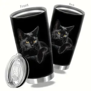 20 oz Elegant Black Cat Stainless Steel Insulated Cup with Lid - Double Wall Insulated Travel Mug, Suitable for Coffee, Water, Car Use - Ideal Gift for Cat Lovers