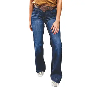 Dear-Lover Women's Fitted Retro Deep Blue High-Waist Double Stitch Patched-Pocket Flared Bootcut Denim Jeans - Cotton Basic Machine-Washable Bottoms, Women's Casual Day Wear for Pairing with Chunky Graphic Sweaters or Tees, Flared Bootcut Jeans