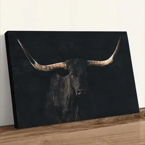 Dramatic Western Wall Decor -- Texas Longhorn Wall Art- Metal Cow Artwork For Living Room Or Bedroom- (Note:Canvas Wrap Frame)