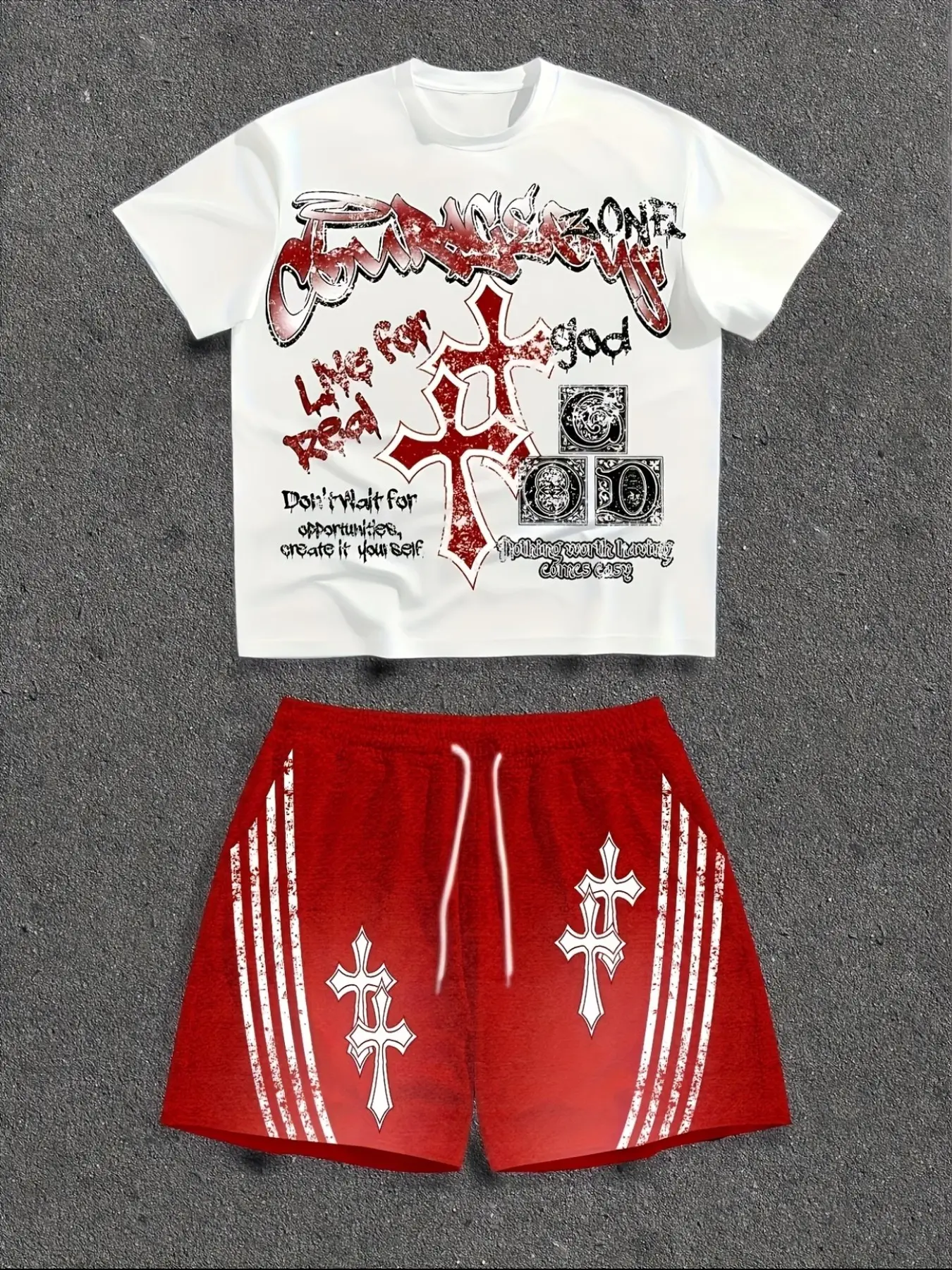 Gothic Cross Print Sporty Casual Set, Unisex Short Sleeve Tee + Gym Shorts, Street Style Fashion, Gym Streetwear, Gothic Clothes, Graphic Design, Natural Waist, Fitted H-Type, Sport Casual Outfit