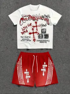 Gothic Cross Print Casual Set, Unisex Short Sleeve Tee + Gym Shorts, Street Style Fashion, Graphic Design, Natural Waist, Fitted H-Type