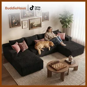 133’’ Modular U-Shape Sectional Couch, Boneless Couches for Living Room with Deep Seat, Modern Minimalist Upholstered Couches with Chaise, No Assembly Required, Black Corduroy Fabric Sofa.