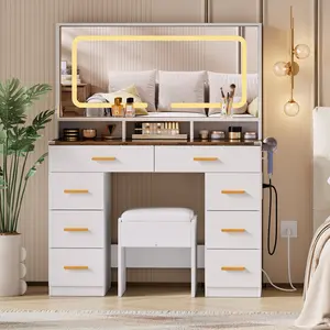 White & Rustic Makeup Vanity Desk with Large Lighted Mirror Glass Tabletop 8 Drawers 3 Storage Shelves Built-in Power Outlet Vanity Set for Bedroom & Dressing Area