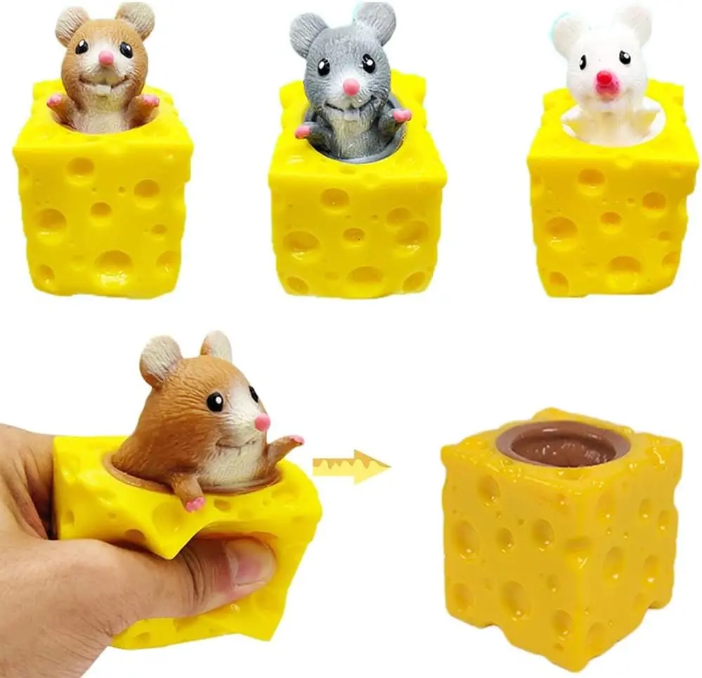 3PCS Animal Cheese Cup Squishy Toys – Cute Mice & Squirrel Squeeze Fidget Toys for Kids & Adults, Stress Relief, ADHD & Anxiety Sensory Toy, Birthday Party Favors