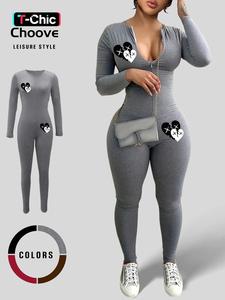 women's heart print zipper jumpsuit, fall outfits, casual long sleeve round neck jumpsuit for daily wear, skinny fall outfits, ladies clothes for fall