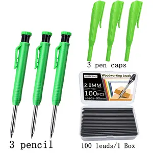 3 woodworking pencils, 100 black pen cores, and 3 2.8mm heavy-duty construction pencils, solid long nose deep hole construction pencils, for on-site use