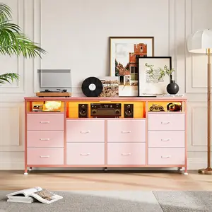 GLOWING LED Lights 10-Drawer Dresser for 65/70/75" TVs with Built-in Power Strip & 63" Fabric Drawers for Easy Media Storage
