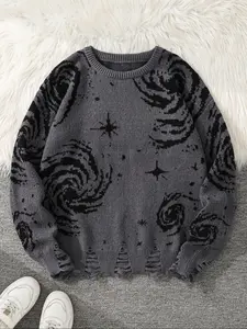 Men's Graphic Galaxy Pattern Ripped Drop Shoulder Knitted Sweater, Loose Fit Knit Street Casual Long Sleeve Round Neck Jumper for Fall & Winter, Fashion Men's Knitwear for Daily Wear