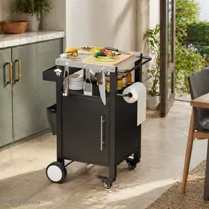 Black ARCH Outdoor BBQ Grill Cart - Stainless Steel Multifunctional Home Organizer Storage Rack with Rotatable Lockable Wheels, Cabinet, Installation Kit, Heavy-Duty Legs, Hooks, Spice Rack for Garden, Patio Use