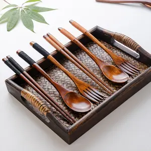 Trendy Japanese-Style Western Tableware Gift Set Dinnerware Service Set | 3-Piece Portable Cutlery Kit with Wooden Spoon, New Wrapped-Thread Chopsticks & Fork