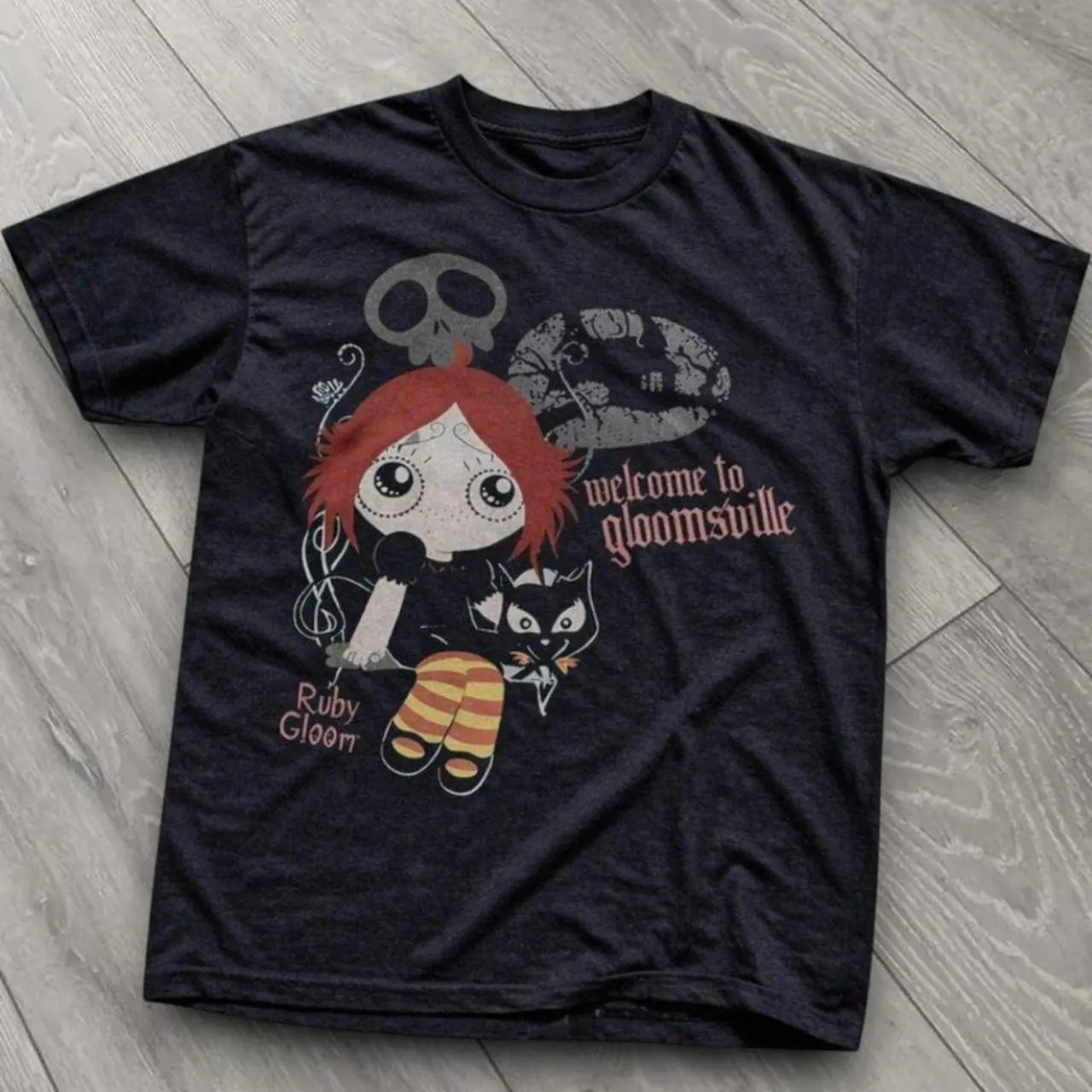 Dark tee featuring a quirky gothic doll with a cat and spooky details — cute but slightly eerie vibe., Unisex T-shirt, Y2k Shirt, Gift For Men Women