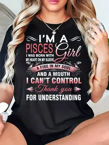 Plus Size - Plus Size - T-Shirt for Women with The Pisces Zodiac Sign - a Design That Includes a Fish Symbol And Descriptions of Traits, Made from Soft, Stretchy, Breathable Material, in a Casual Pink And Black Style