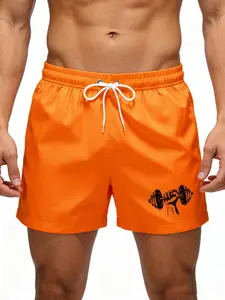 Men's Quick Dry Beach Swim Trunks with Side Pockets Barbell Graphic Print Summer Casual Board Sports Shorts with Drawstring