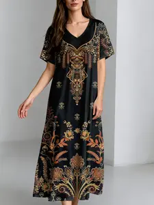 Women's Bohemian Ethnic Print Long Dress, V Neck Short Sleeve Loose Vacation Dress, with Pockets, Cute Style, Tribal Pattern