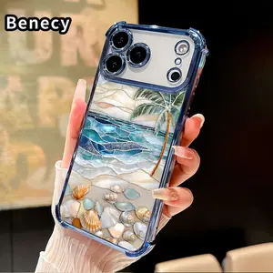 Seashell Beach Pattern Phone Case for iPhone 17 Pro Max 16 15 Plus Air 14 13 12 11 E Four Corners Air Cushion Anti-drop Silicone Shockproof Cellphone Cover