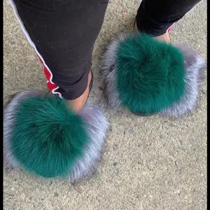 Grey & Green Colorful Fluffy Slides for Women & Girls - Indoor/Outdoor Comfortable & Stylish Open Toe Fur Slides with Soft Rubber Sole