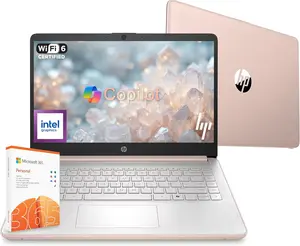 HP 14 Laptop Computer 2026 Ultra Light, AI Copilot Student Business, Quad-Core Intel, 4GB RAM, 128GB Storage, 1 Yr Office 365, 12 Hr, Win 11S, Rose Gold