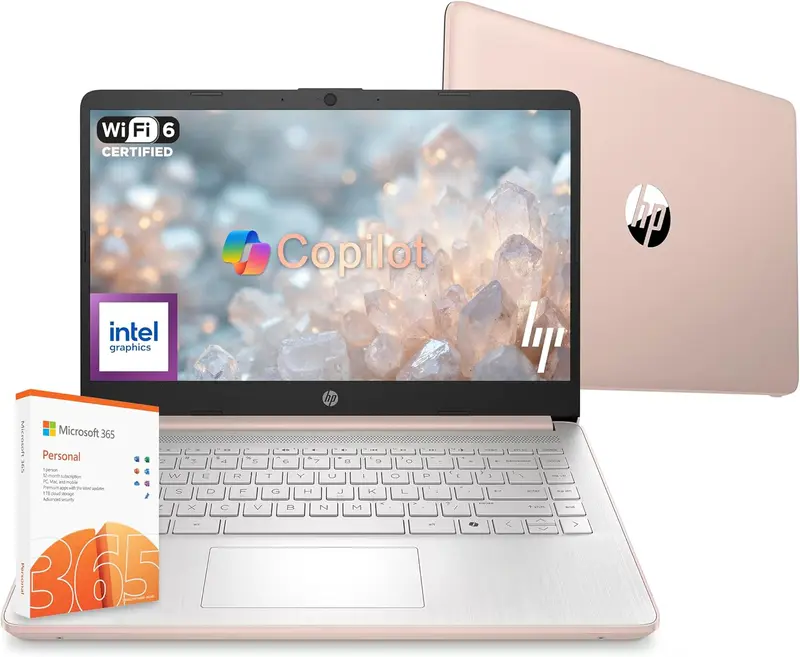 HP 14 Laptop Computer 2026 Ultra Light, AI Copilot Student Business, Quad-Core Intel, 4GB RAM, 128GB Storage, 1 Yr Office 365, 12 Hr, Win 11S, Rose Gold