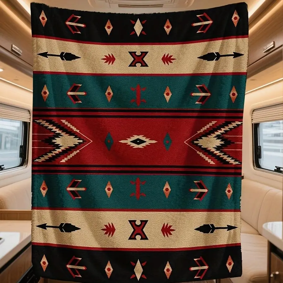 1pc Traditional American Aesthetic Arrow Motifs Flannel RV Blanket - Warm, Soft Polyester Fibers Throw for Road Trips, Indoor Relaxation, Machine Washable, Easy Care