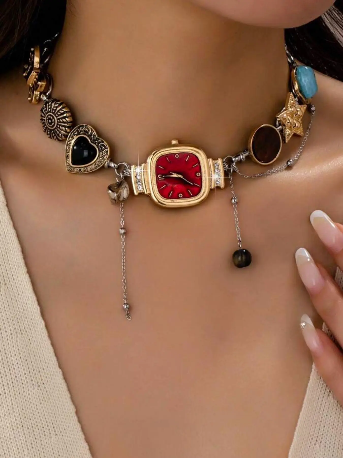 Y2K Style Multi-Element Alloy Necklace with Watch/heart/star/butterfly Charms, Fashionable Charm Necklace for Women, Ideal Valentine's Day Gift, Chain Necklaces