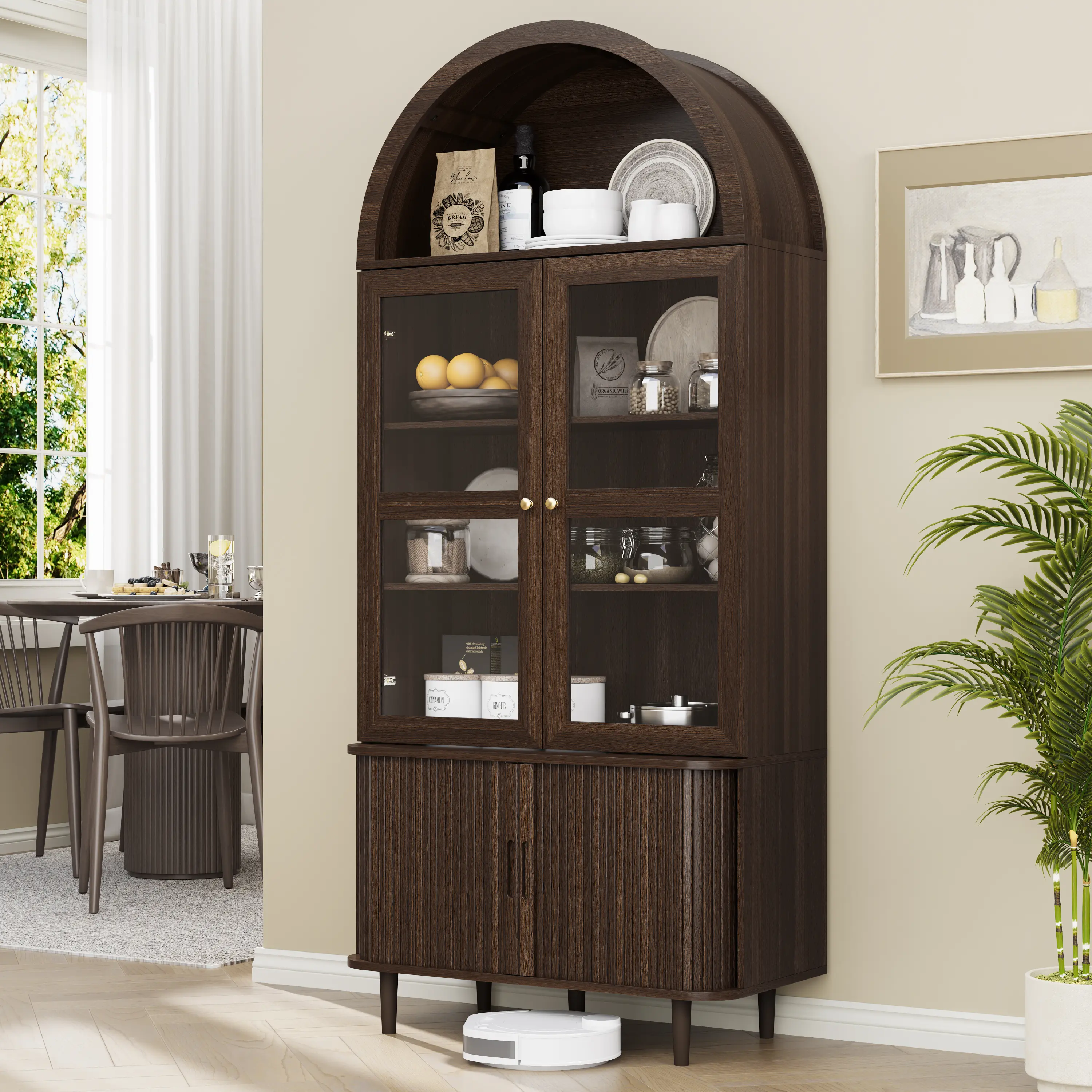 【Arched Glass Cabinet】DHH 71-Inch Tall Display Cabinet with Glass Doors, Adjustable Shelves and Fluted Tambour Storage for Kitchen, Dining Room campingessentials