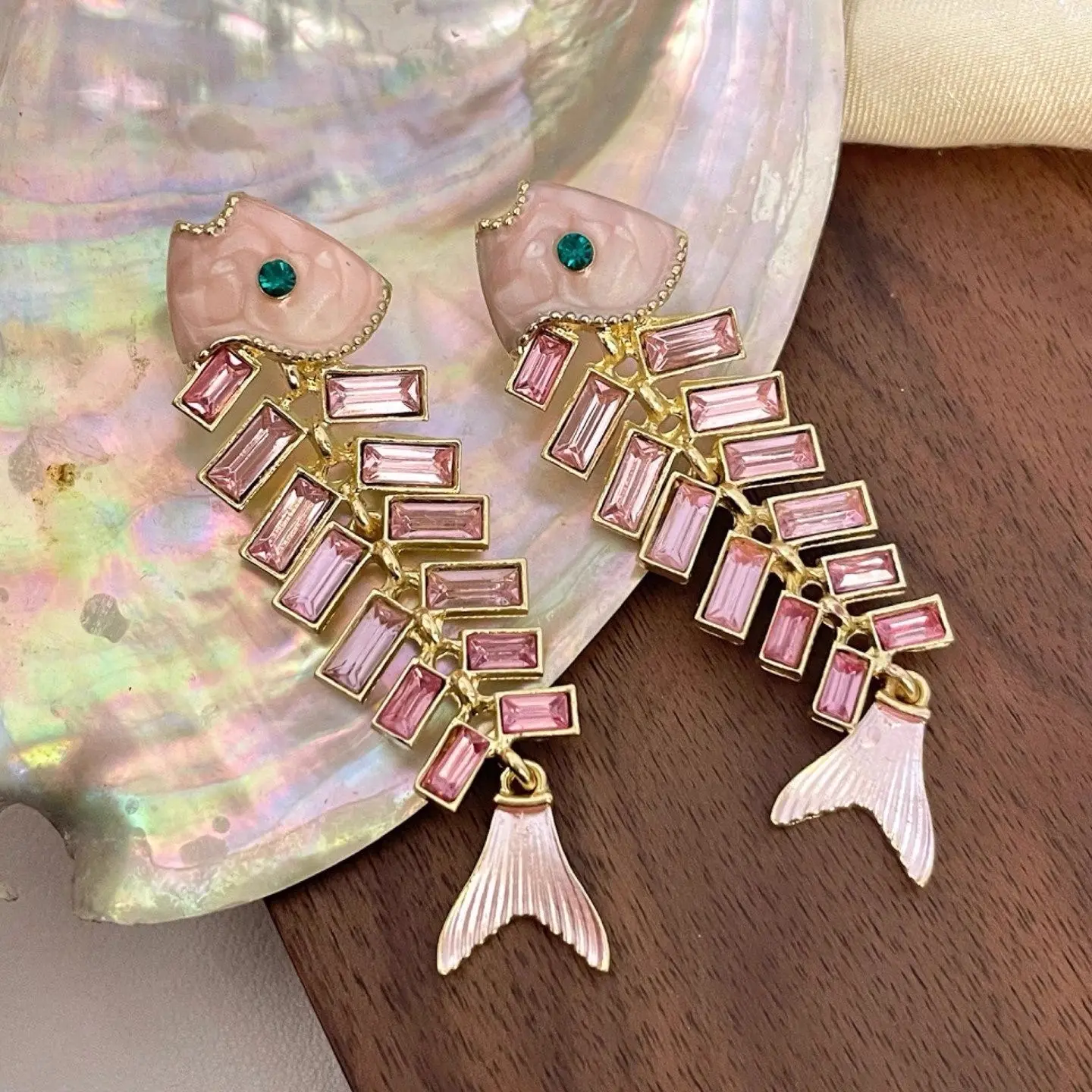 SQ Fish Bone Earrings with Pink Rhinestones and Gold Tone Accents for Women's Fashion
