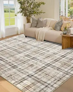 Garvee Washable 5x7 Soft Plaid Traditional Tartan Area Rug - Non Shedding, Non Slip, Stain Resistant, for Living Room, Bedroom, Nursery, Office - Beige