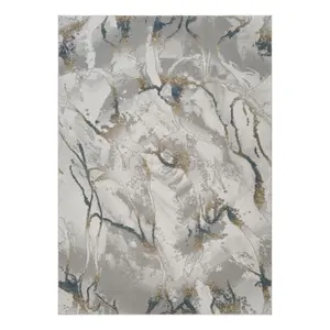 Contemporary Large Geometric Swirl Area Rug (Geometrix GC_DIM1001) - 7ft10in x 10ft6in Gray/Gold/Blue High-Traffic Rug, Polyester Pile, 0.43in Pile Height, Jute Backing, Soft Texture, 3D Effect, Stain Resistant