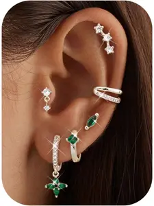 6 Pairs Silver Earrings Stacks for Women Trendy Dainty 14K Gold Plated Small Stud Huggie Hoop Earring Sets for Multiple Piercing Hypoallergenic Flat Back Cartilage Earrings for Sensitive Ears