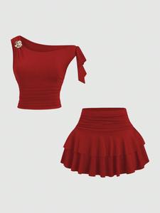 Women's Summer Bronze Metal Floral Halter Top & Ruffled Layered Mini Skirt Set, Elegant Boho Style, Perfect for Casual