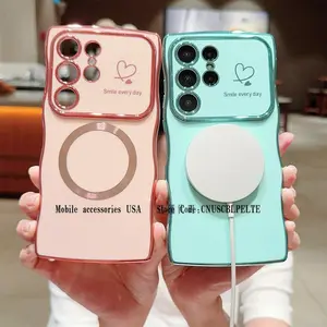 Case for Samsung S25 Ultra Plus S24 S23 S22 ,Soft Wave Frame Curly Shape Magnetic Cute Love Heart Plating Phone Case with Raised Camera Lens Protection,Compatible with MagSafe Wireless Charging, Shockproof Back Cover for Women Girls