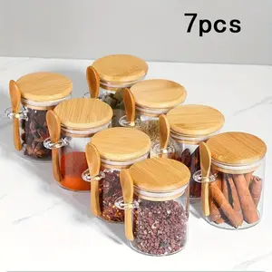 7-Piece High Borosilicate Glass Sealed Jars with Wooden Spoon, Large Capacity 9.47oz, Ideal for Coffee Beans and Grains Storage