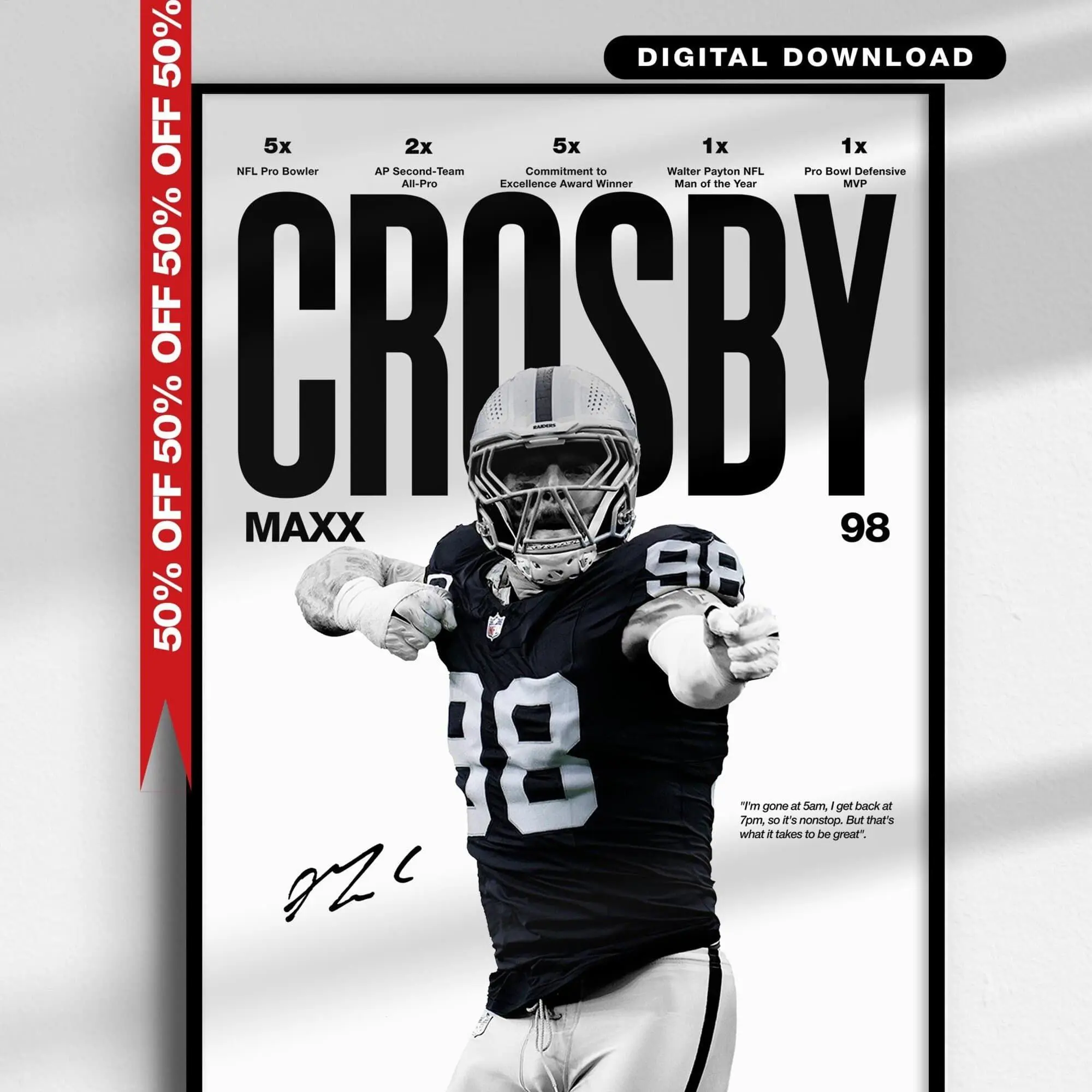 Maxx Crosby Poster, Las Vegas Raiders Football Wall Art, NFL Defensive Star Print, Sports Poster, Football Fan Gift, Digital Download