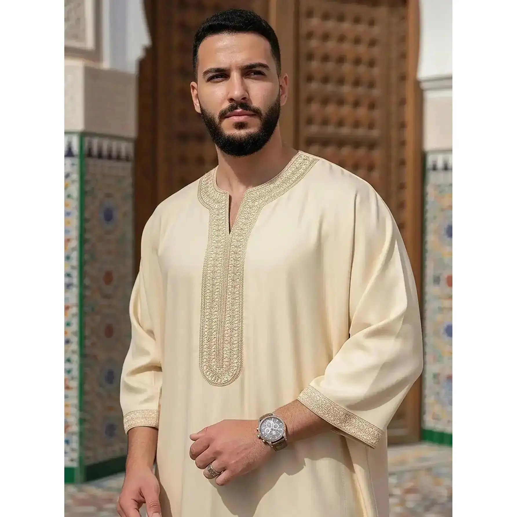 Men's Moroccan Thobe, Embroidered Muslim Kaftan with Pockets, Half Sleeve Islamic Robe for, & Special Occasions Summer Party, SmartCasual, AllDayComfort, RelaxedFit, Lightweight, VersatileWear, BasicStaple classic slim