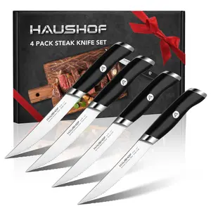 #JumpstartSale HAUSHOF Steak Knives Set, German Stainless Steel Premium Serrated Steak Knife Set with Gift Box, Full Tang Design with Ergonomic Handle, Gifts Knife Set for Dad, Mom, Husband and Wife