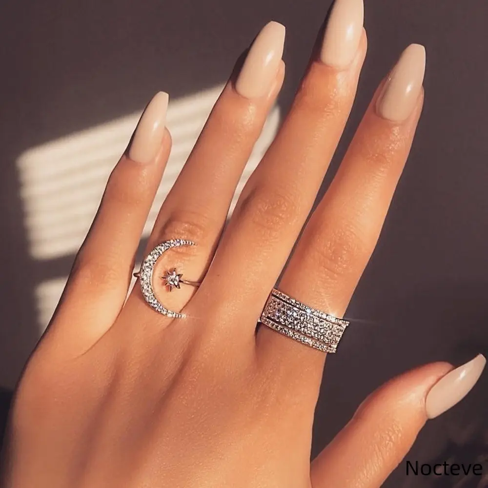 Boho Star Moon Ring for Women, Adjustable Alloy Metal Finger Jewelry for Daily Wear, Gentle Romantic Feminine Holiday Gift, Ethnic Motifs, Female