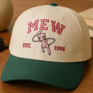 MEW Custom Poke Anime Embroidered Vintage Hat 100% Cotton Adjustable Strap Durable Embroidery Unisex Gift for Her & Him Personalized Character Baseball Cap