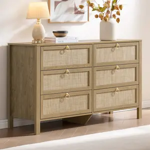 SICOTAS 6-Drawer Dresser, 51 Inch White Tall Dresser for Bedroom Storage, Large Rattan Chest of Drawers with Wide Top for TV Stand, Boho Farmhouse Cabinet for Living Room, Hallway & Closet Organization