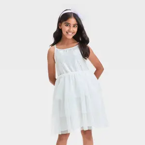 Girls' Sleeveless Tiered Tulle Sequin Dress - Cat & Jack White L: Adjustable Waistband, Full Lining
