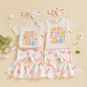 Canrulo Toddler Baby Girl Birthday Outfit One/Two Year Old Era Romper/T-shirt Butterfly Flared Pants Headband Summer Outfit